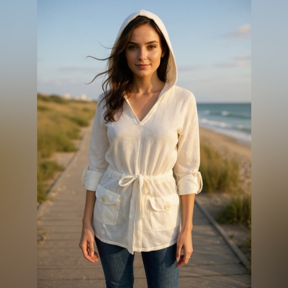 BCBG Max Azria linen cotton cream sweater hoodie size small semi sheer V neck